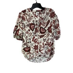 Joie Floral Red & Cream Linen Blend Balloon Sleeve Button Up Blouse Size M